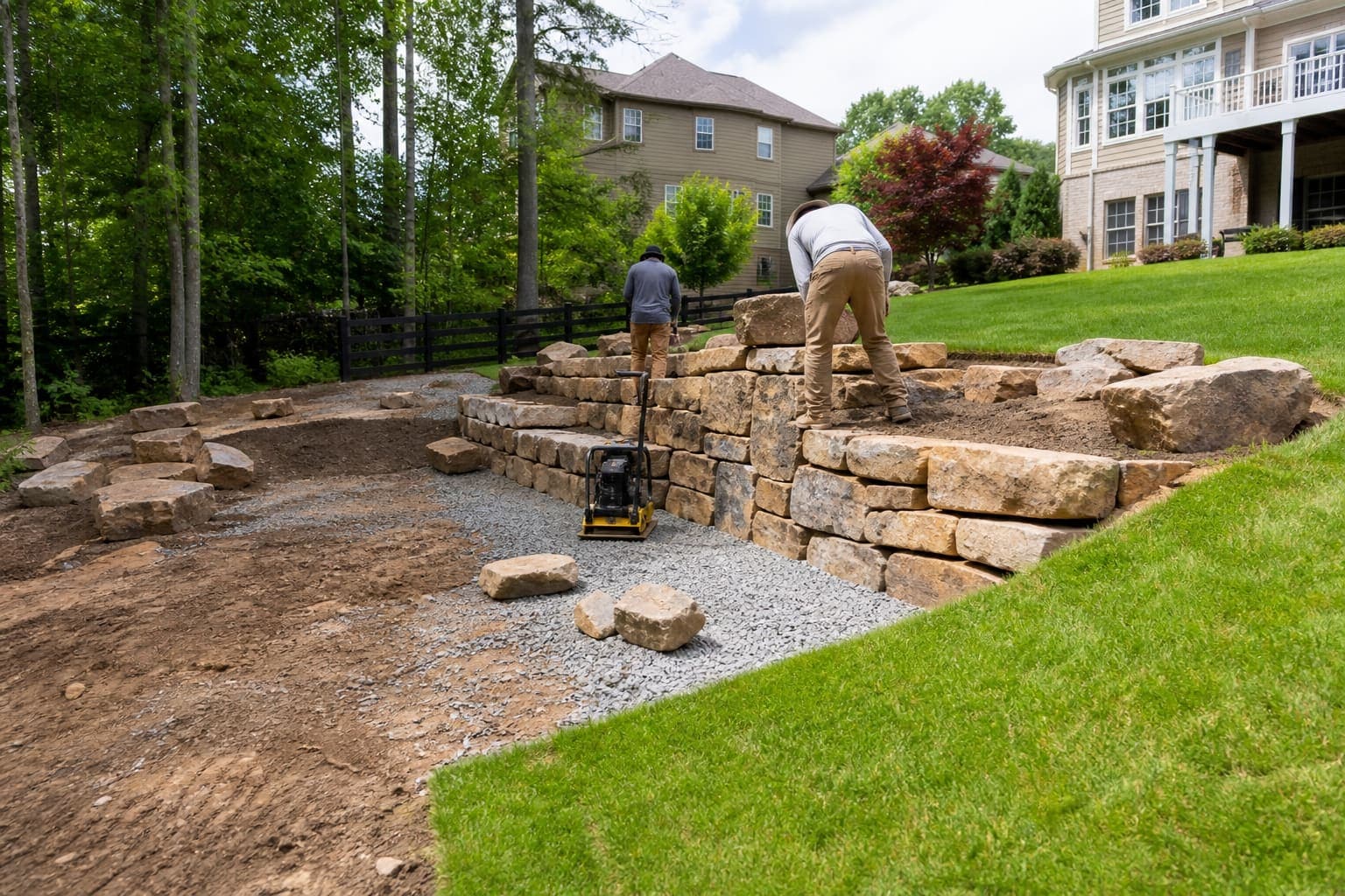 Crew building a concrete retaining wall on site
